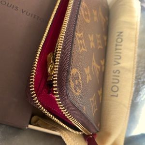 Authentic LOUIS VUITTON Brown Fuchsia Monogram Clemence Long Zip Wallet